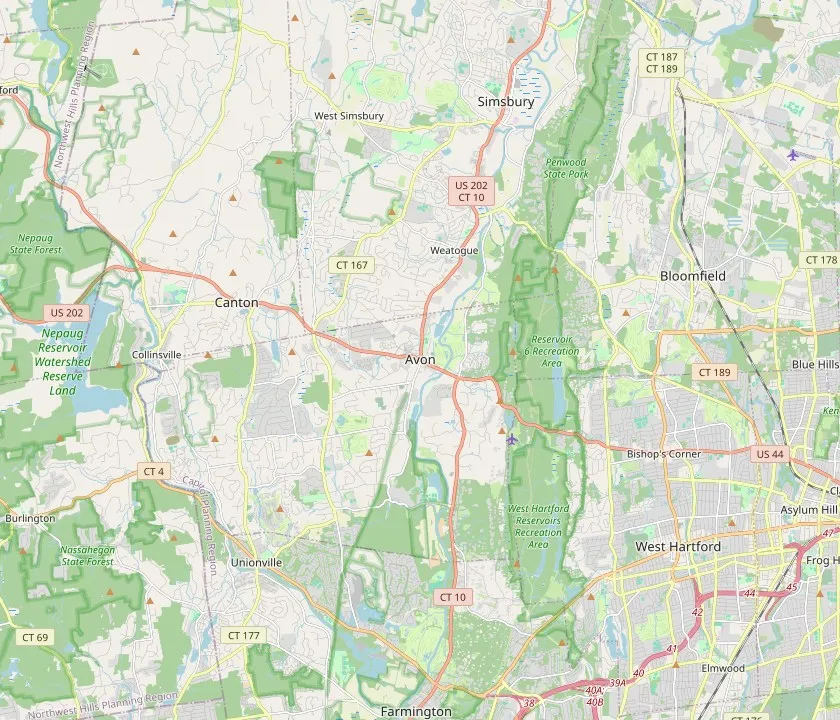 Map of Avon, Connecticut and the neighbouring towns
