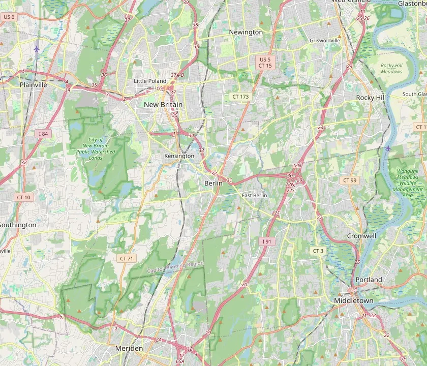 Map of Berlin, Connecticut and the neighbouring towns