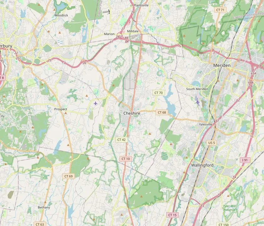 Map of Cheshire, Connecticut and the neighbouring towns