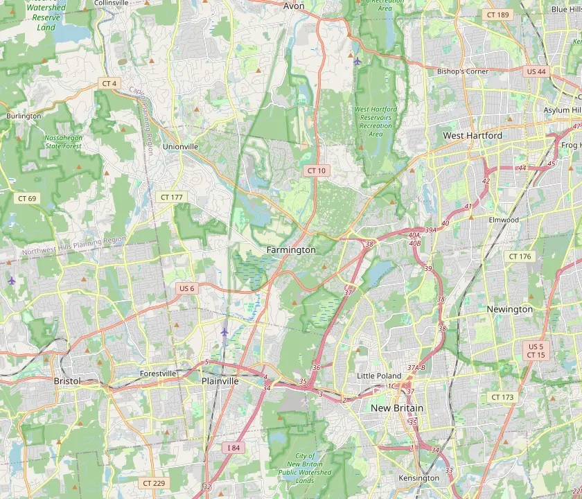Map of Farmington, Connecticut and the neighbouring towns
