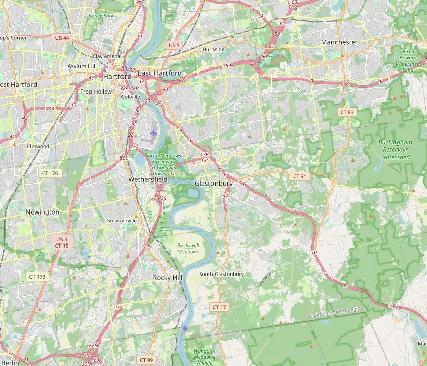 Map of Glastonbury, Connecticut and the neighbouring towns