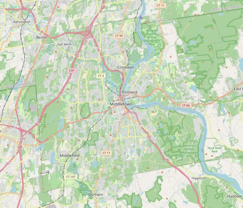 Map of Middletown, Connecticut and the neighbouring towns