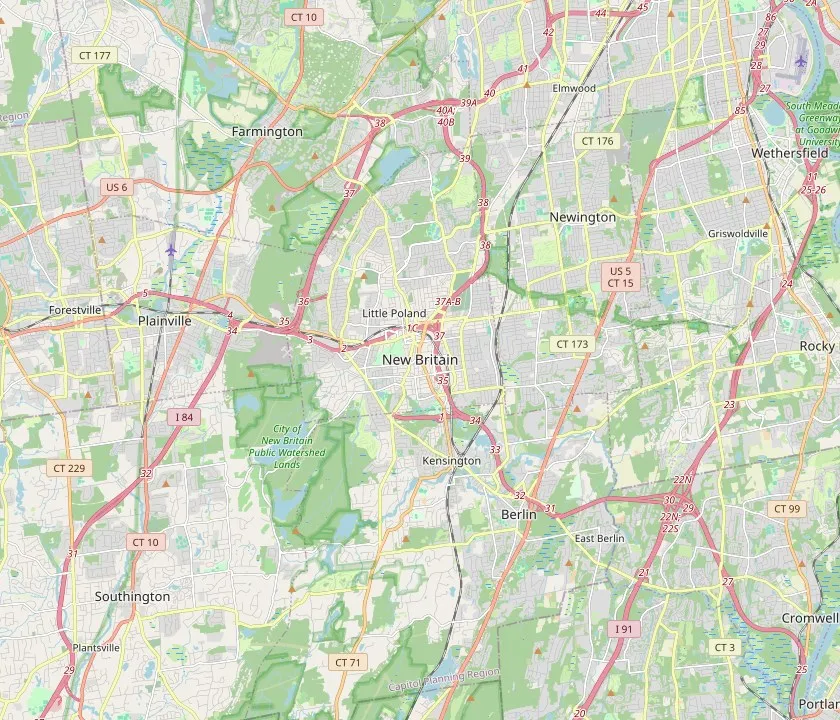 Map of New Britain, Connecticut and the neighbouring towns