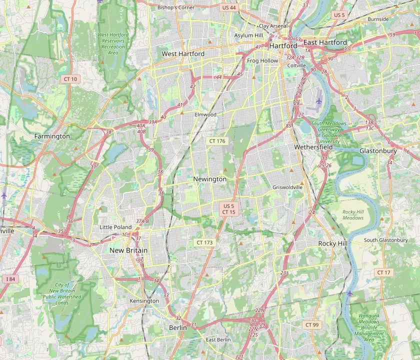 Map of Newington, Connecticut and the neighbouring towns