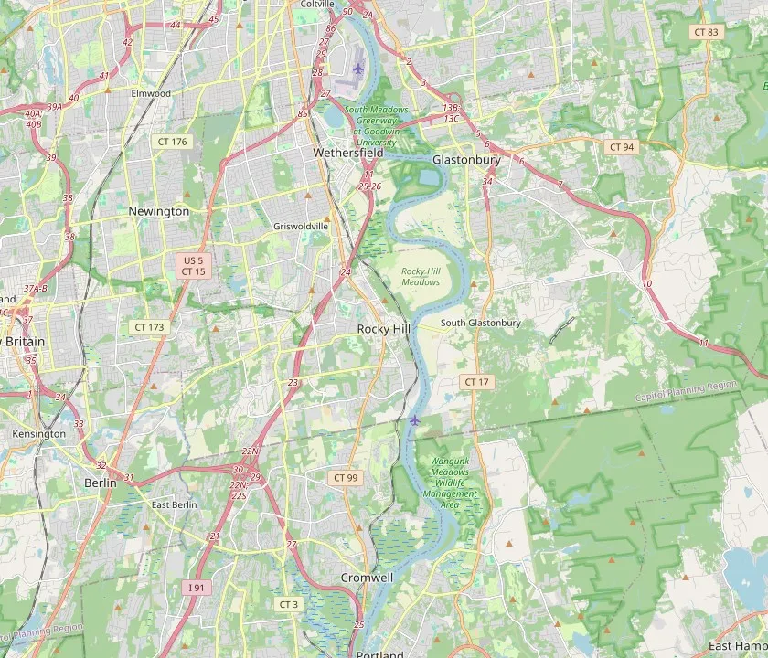 Map of Rocky Hill, Connecticut and the neighbouring towns