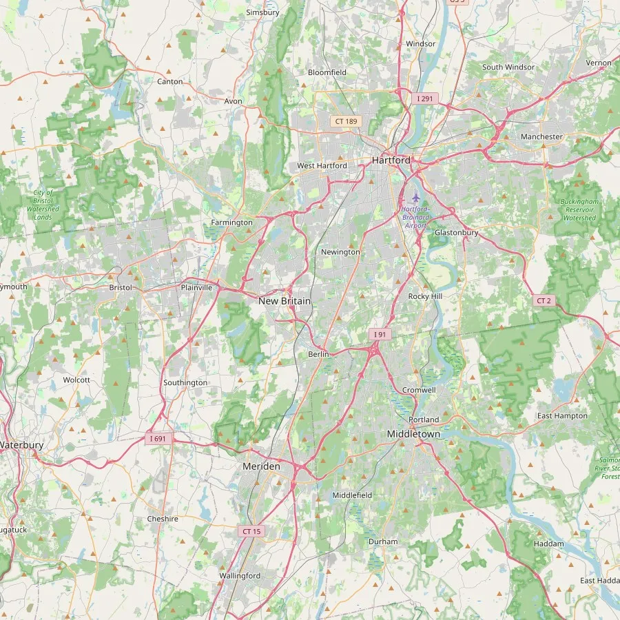 Map of central Connecticut showing New Britain and the towns around it, from Avon to Middletown