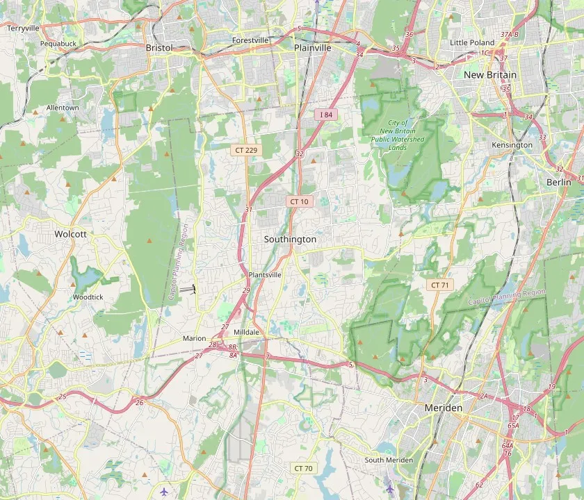 Map of Southington, Connecticut and the neighbouring towns