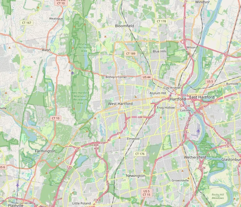 Map of West Hartford, Connecticut and the neighbouring towns