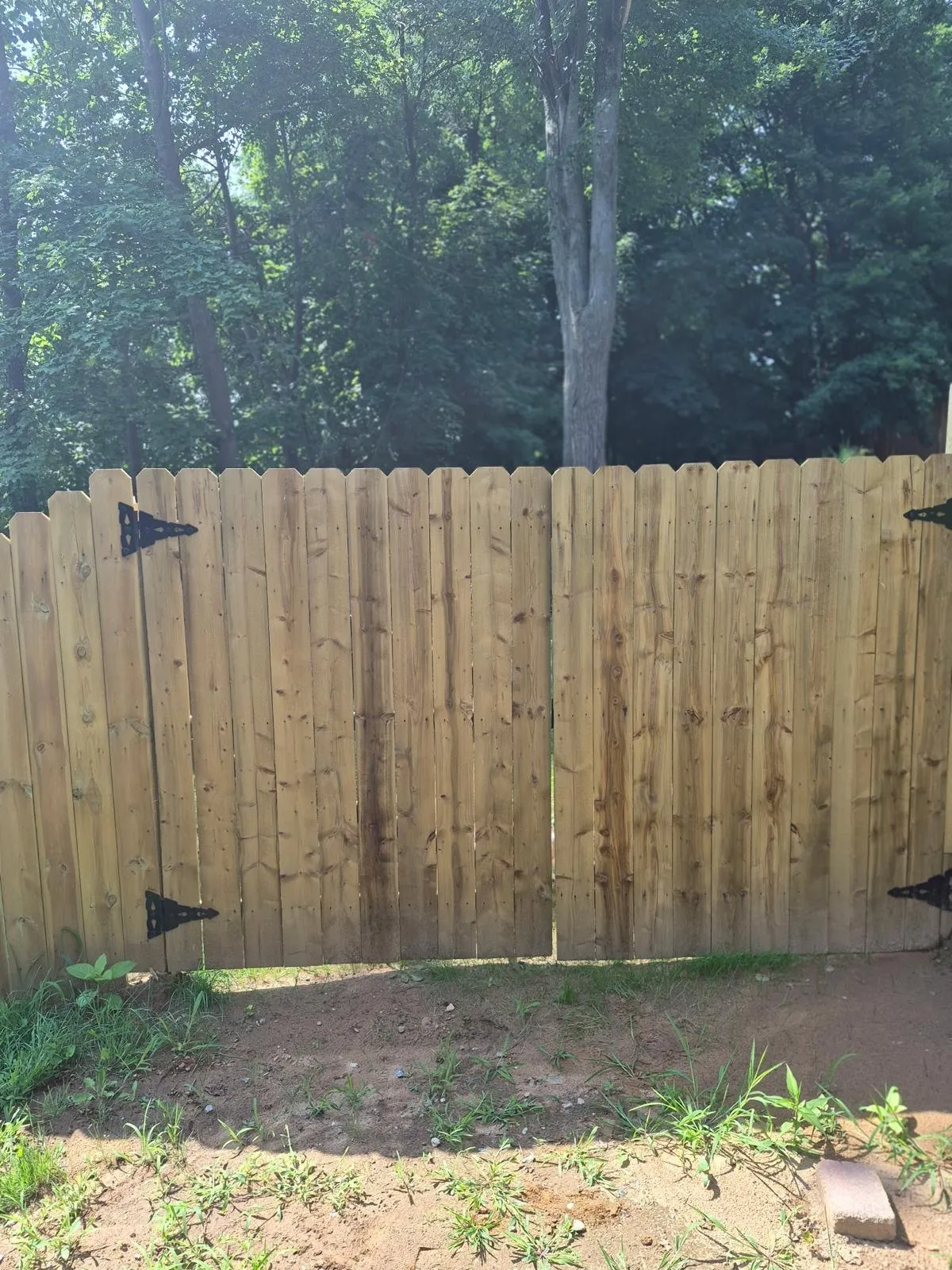 Wood double drive gate with black strap hinges in a stockade fence